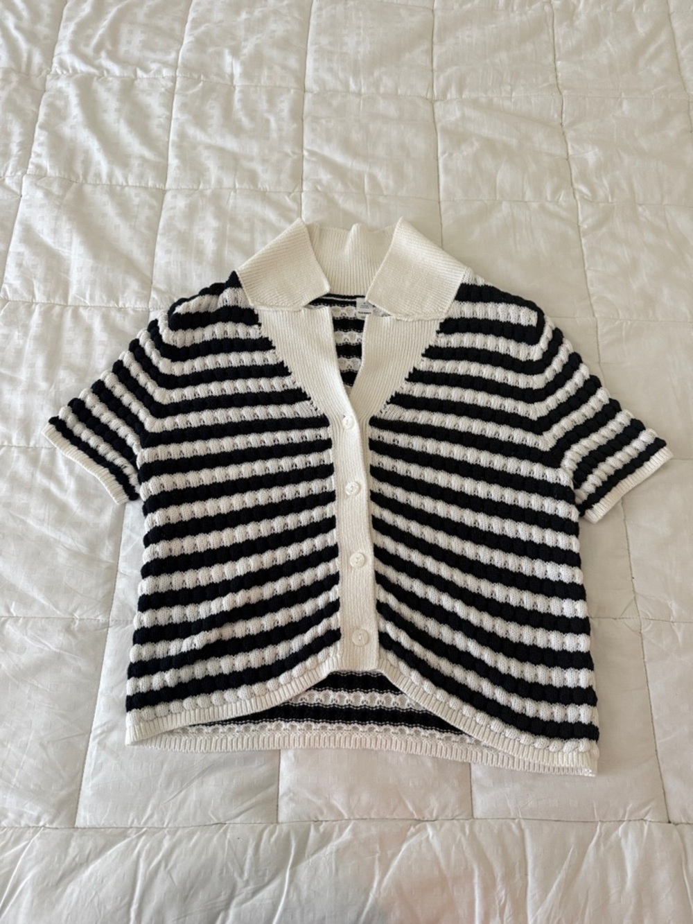 Striped Knit Button Front Cardigan - Navy & White